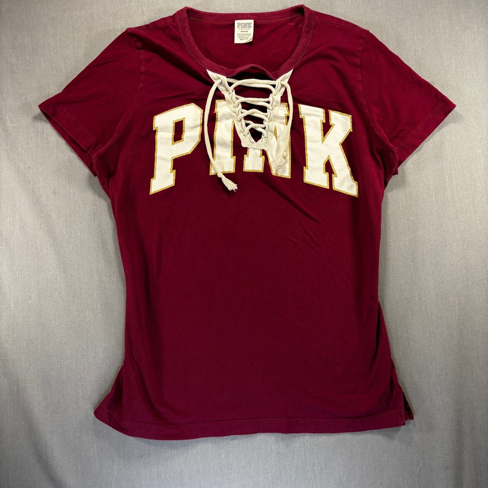 PINK Victoria's Secret Lace-Up Short Sleeve Top in Burgundy